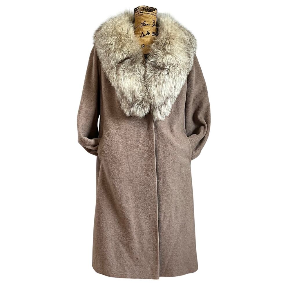 Vintage 50s 60s Shagmoor Tan Wool Fox Fur Collar Long Coat Women’s M